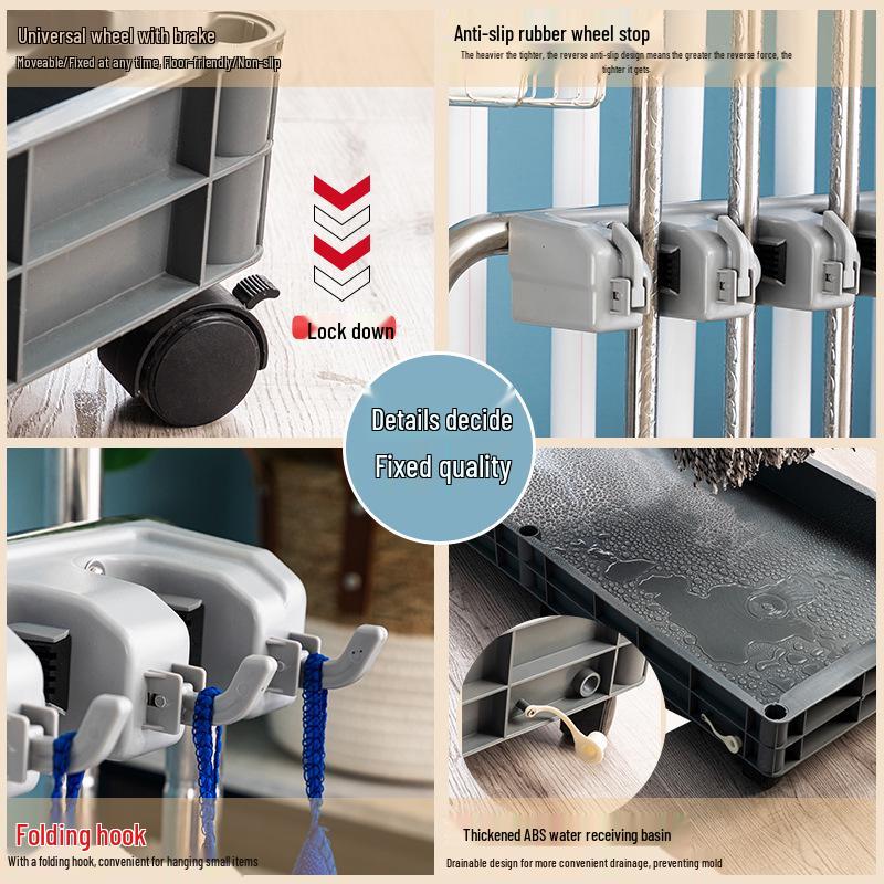 Stainless Steel Floor-Standing Mop Rack with Draining Shelf and Free Shipping