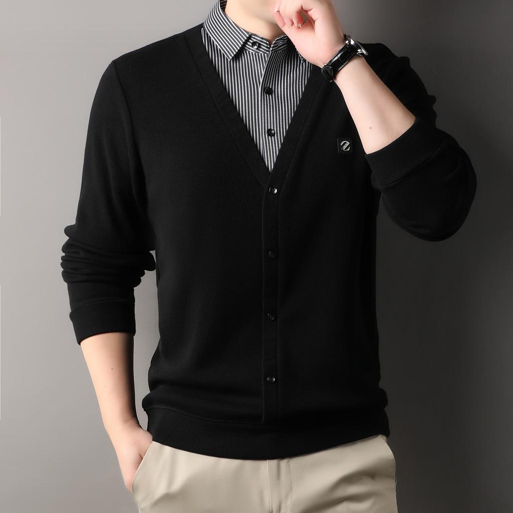 Men'S Knitted Sweater Autumn And Winter Piled Thickened Middle-Aged And Young Leisure Fake Two-Piece Long-Sleeved Top
