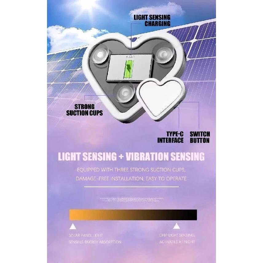 Solar Powered Car Neon Light Wireless Cute Heart Shaped Led Ambient Light Suction Cup USB Rechargeable Atmosphere Breathing Lamp