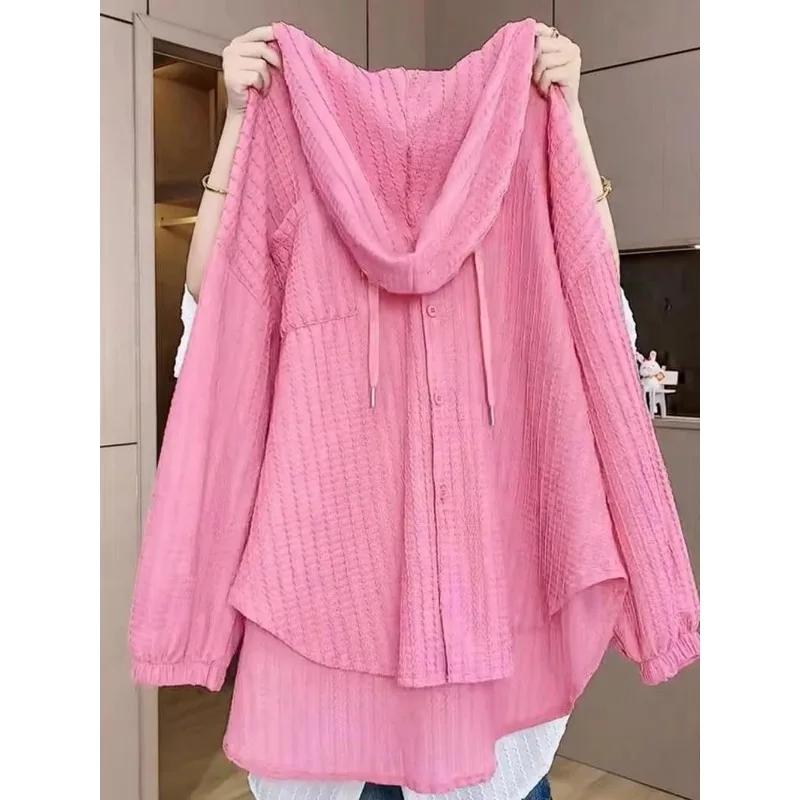 Spring and Summer Hooded Single-breasted Shirt for Women's Fashionable Solid Color Cardigan Versatile Sun Clothes New