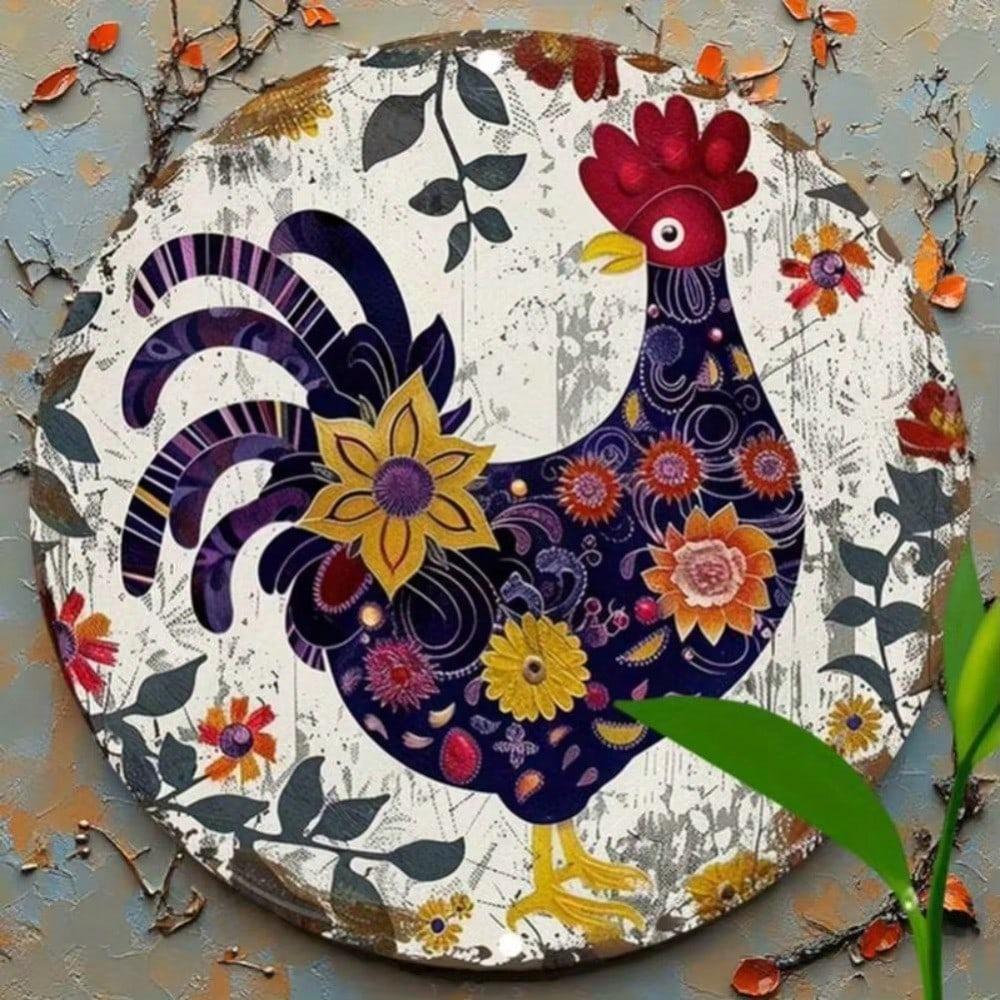 Vintage Colorful Rooster Aluminum Wall Art Floral Waterproof Decor
