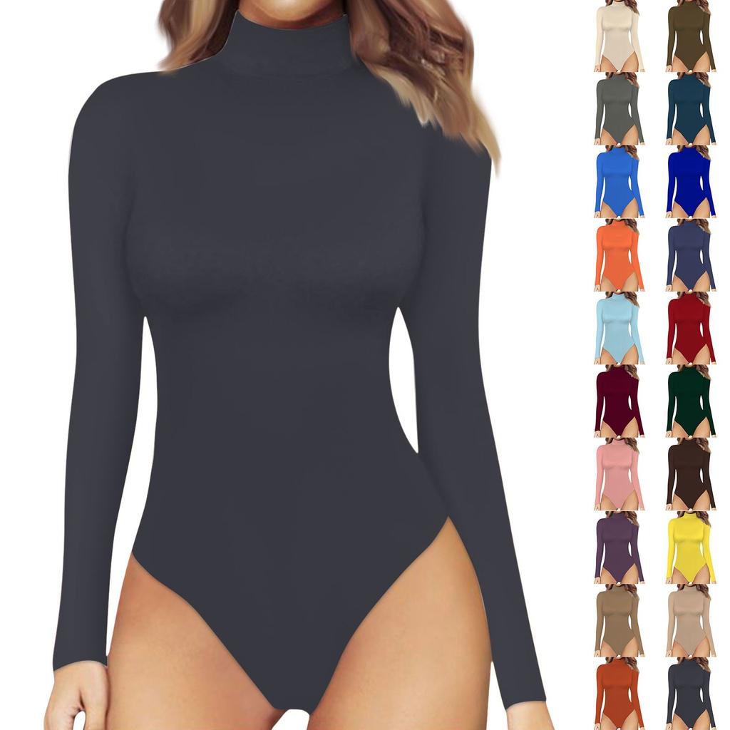 Women's One-piece T-shirt Slim Long Sleeve Half High Neck Solid Color Jumpsuit Top