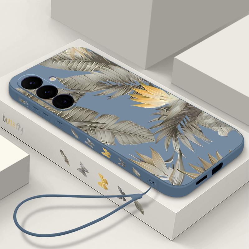 Luxury Golden Leaves Texture Soft Cover For Samsung Galaxy A56 A17 A26 A16 A36 A55 A54 A53 A15 S24 S25 FE S25 S22 S23 Ultra Plus Lanyard Soft Cover