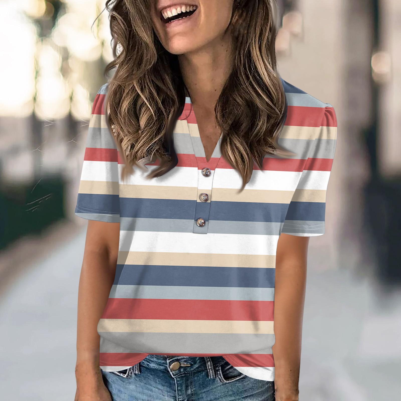 

Женская модная повседневная футболка с полосатым принтом и V-образным вырезом, коротким рукавом, на пуговицах S