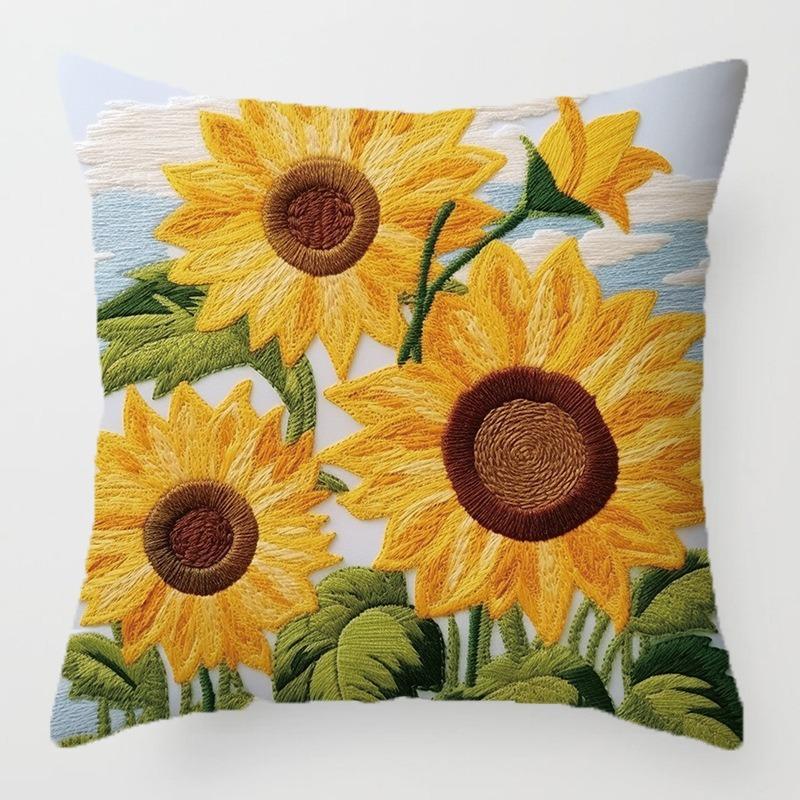 Sunflower Landscape Cushion Cover Peach Skin 2D Print Lakeside Cabin Scenery Throw Pillow Case For Sofa Farmhouse Home Decor