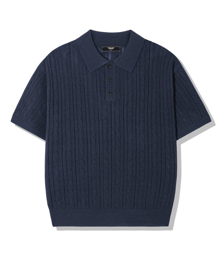 TRILLION Washable Resort Cable Collar Short Sleeve Knit_Navy