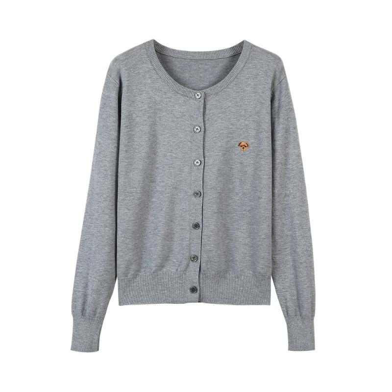 Autumn style soft waxy bear embroidered long-sleeved knitted sweater women's early autumn gray cardigan sweater jacket