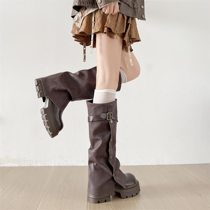 Black retro thick heel platform boots women's shoes 2025 new autumn British style thin but knee trouser boots