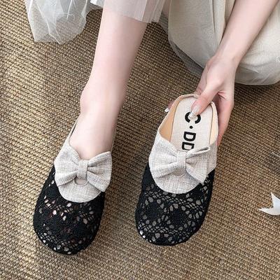 2025 Summer New Bow Slippers Fashionable Flat-bottomed Lazy Hollow Mesh Bag Head Wearing Lace Half Slippers
