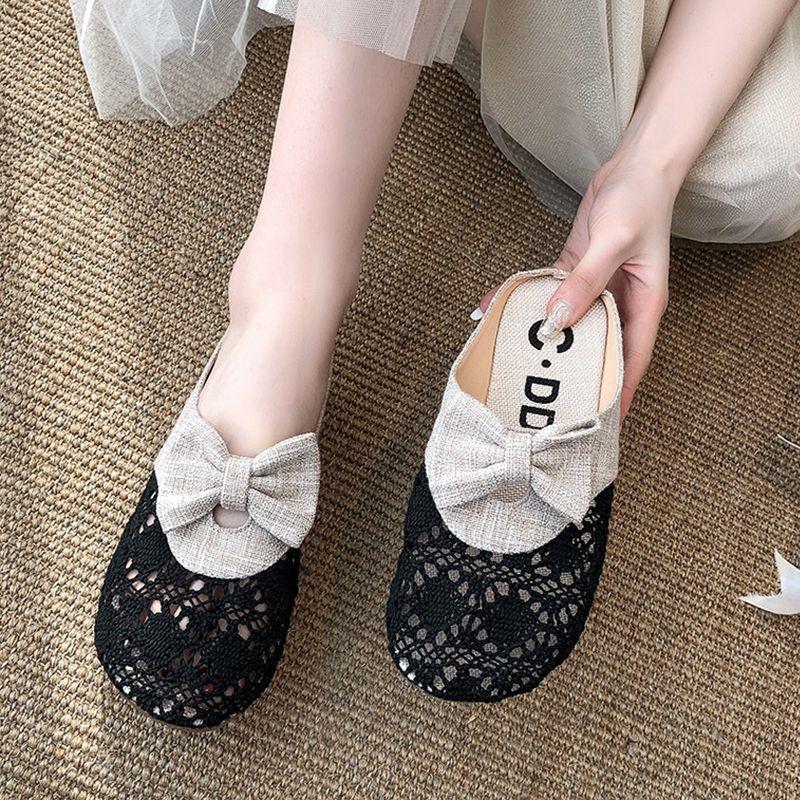 2025 New Fashion Slippers Women's Retro Hollow Bow Lazy Outer Wear Flat Bag Head Half Slippers Women