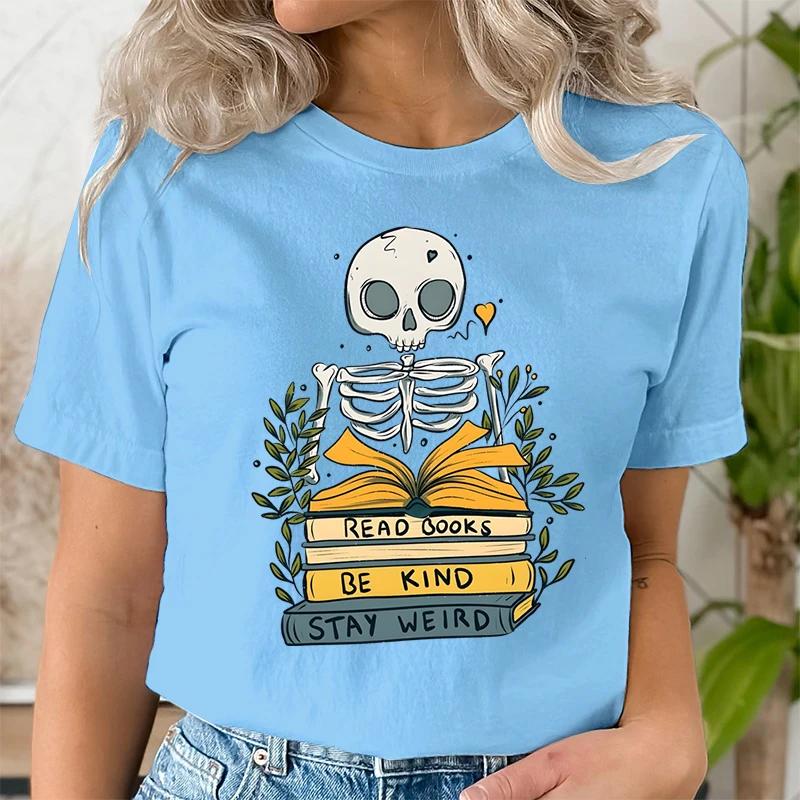 Read Books De Kind Stay Weird Tshirts Women Retro Skull Skeleton Tshirt Short Sleeve Oneck Shirt Bookworm Book Lover T Shirt