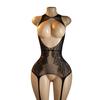 Women Fishnet Leopard Print Sexy Lingerie Bodysuit Open Crotch Bodystocking For Adult See Through Nightwear