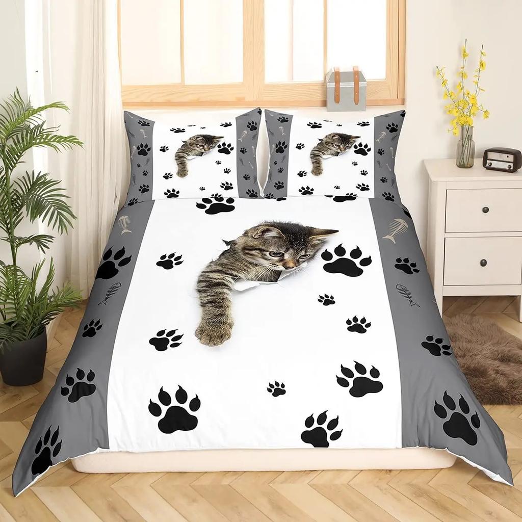 Blue Cartoon Cat Paw Print Duvet Cover For Children Boys And Girls Duvet Cover Cute Pet Cat For Bedroom Decorations Queen King