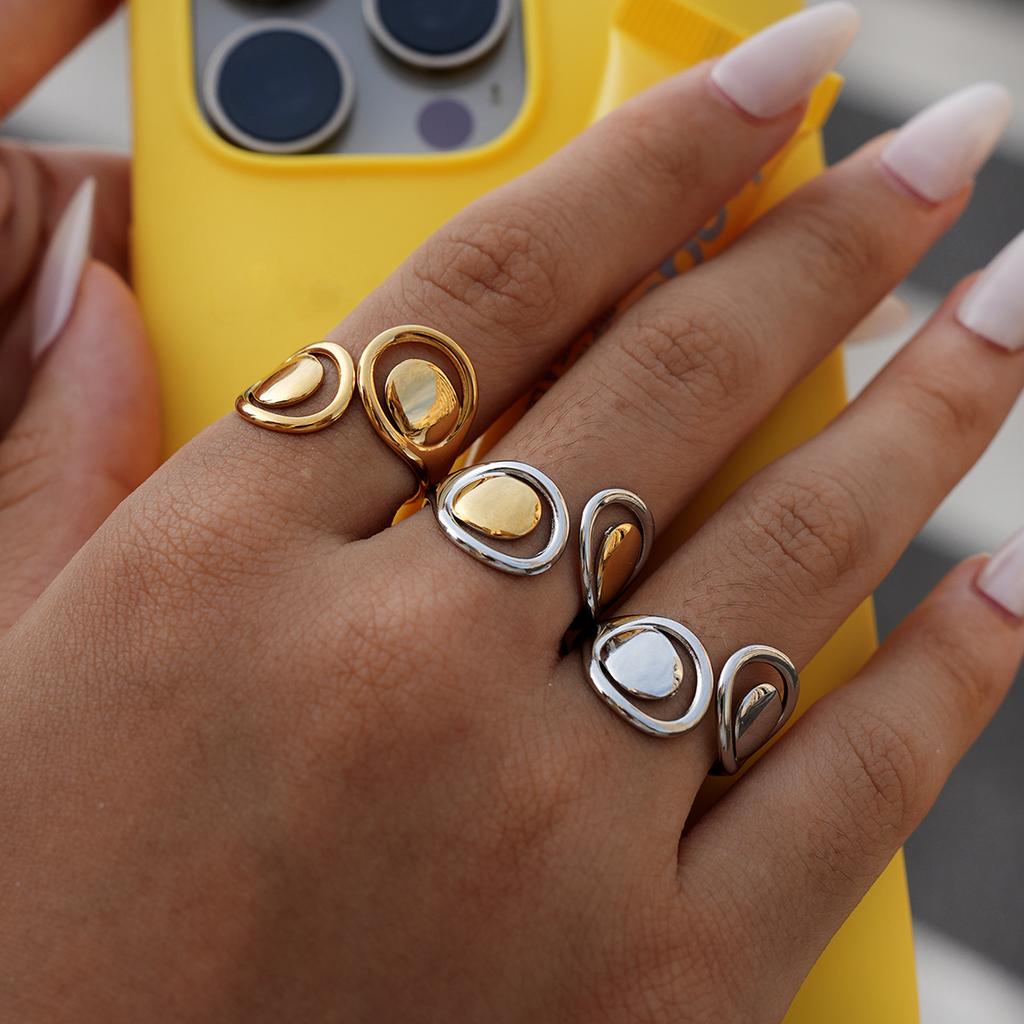 Stainless Steel Water Drop Hollow Rings for Women Open Adjustable Geometric Rings Simple Stylish Party Daily Wear Jewelry Gifts