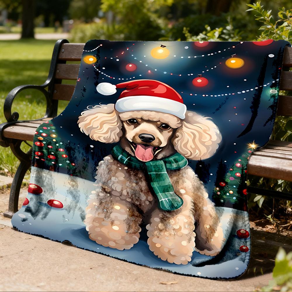 1pc Christmas Poodle Outdoor Flannel Blanket , Machine Washable Perfect Gift for Birthday , Holiday Travel Accessory , Durable Material