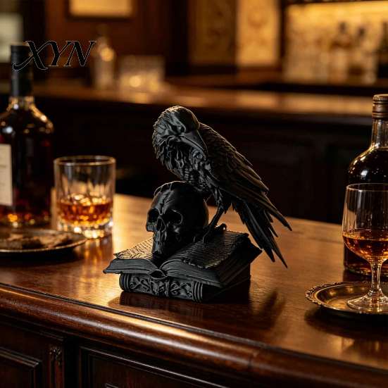 Forniture per Festa a Tema Mistero Statua Teschio Corvo Nero, Statuetta Corvo Gotico Stampata 3D per Scrivania Ornamento Desktop Estetica Oscura Scaffale, Spettrale