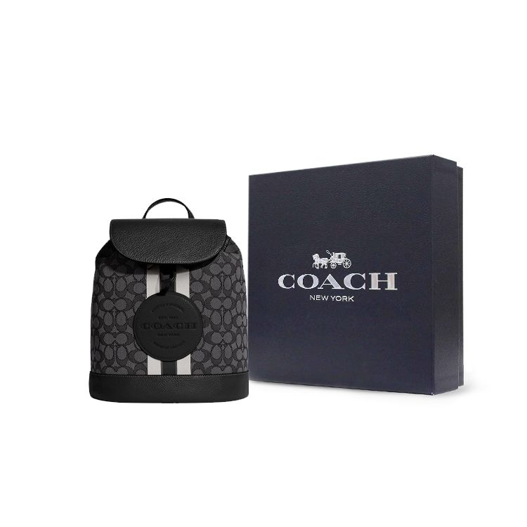Coach Dempsey 26 Classic Monogram Drawstring Snap Closure Fabric And Pebble Leather Backpack Medium Women backpack Black CE601-SVRT6