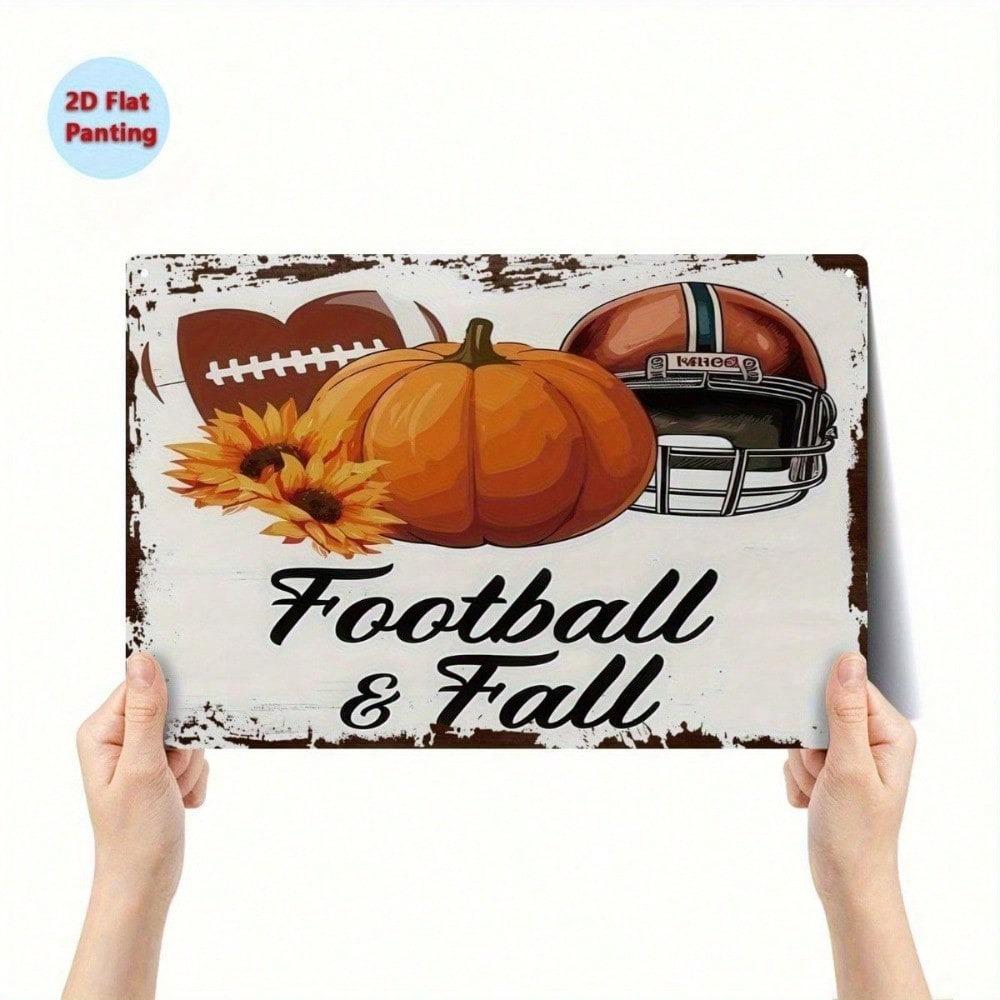 Vintage Metal Tin Sign 8x12, Football Helmet Pumpkin Sunflower Wall Decor, Rustic Fall Print