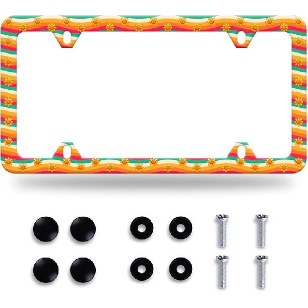 Colorful Flowers License Plate Frame Colorful Wildflower Floral License Plate Frames Stainless Steel Accessories Cars Decor With 4 Holes And Screws