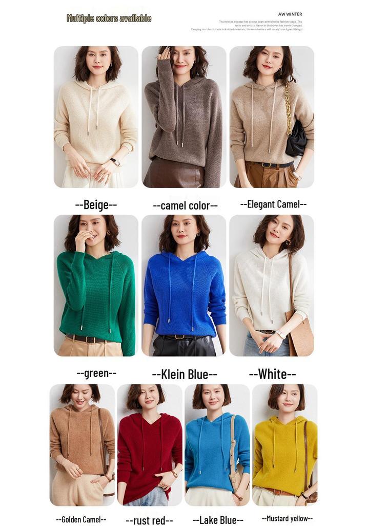 Women's Oversized Hooded Knit Sweater - Cozy Autumn/Winter Drawstring Pullover, Versatile Solid Color.