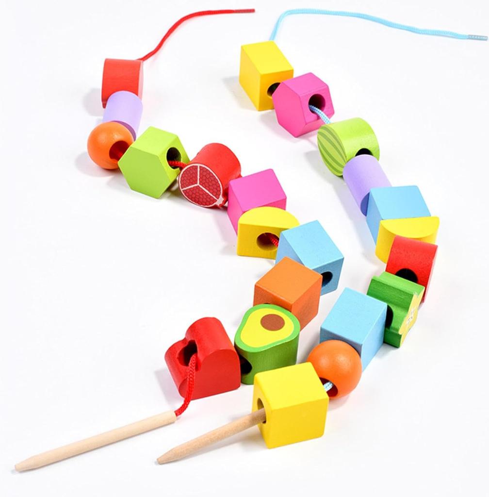 Montessori Wooden Beads Sequencing Toy Stacking Blocks & Lacing Beads & Matching Shape Stacker Montessori Learning Toys Gifts