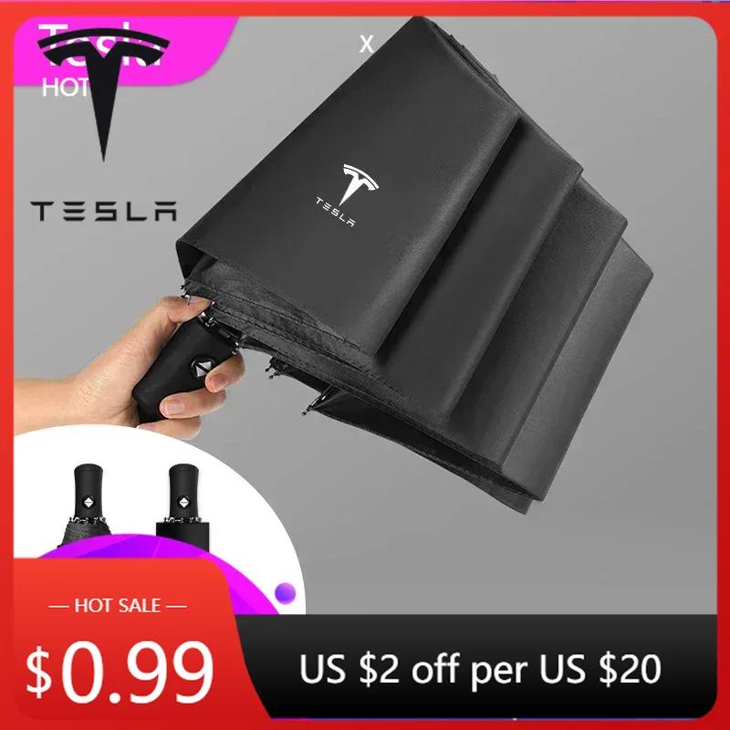 Car Sticker 2025 New Tesla Car Umbrella for Tesla Fully-Automatic Three-fold Windproof Rain Umbrella Portable Tesla Umbrellas Su