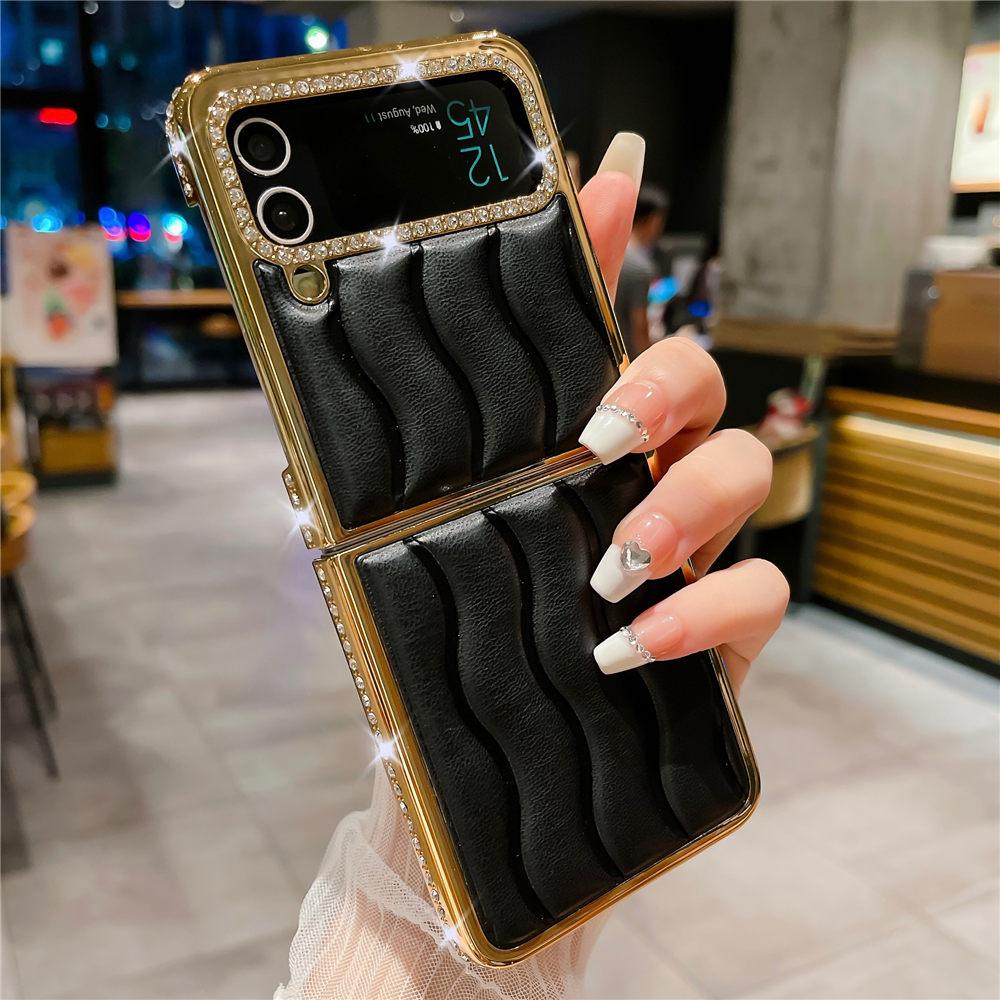Luksusowe Złocone Diamentowe Skórzane Etui Na Samsunga Z Flip 6 Flip 5 Flip 4 3 Wstrząsoodporne Etui Na Telefon typu Flip6 Coque