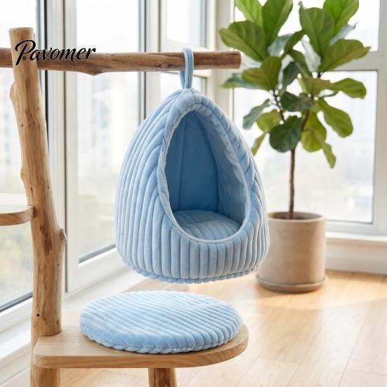 Detachable Bird Bed Hanging Parrot Nest Bed, Winter Striped Plush Water Drop Shape Warm Hideaway Cozy Cave with Removable Cushion, Cage Hammock