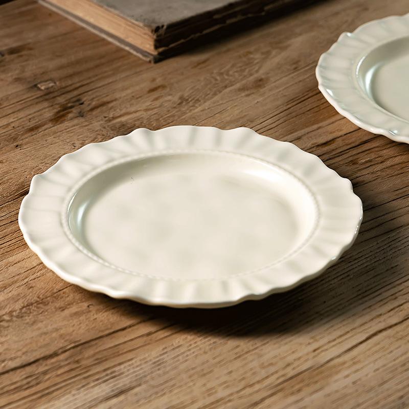 Solid Color Cream Ceramic Plate, High-End Dessert Plate, Retro Household Pasta Plate, Fruit Plate, Tableware Plate, Vegetable Plate