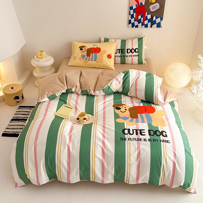 Pet Dog Cartoon Stripe Printed Bedding Set with Pillowcases,2PCS Two-sided Dachshund Printed Duvet Cover for Children and Adults