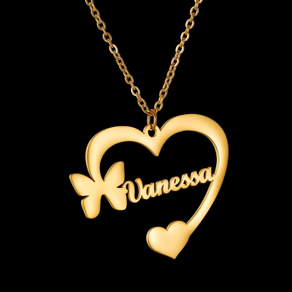 Atoztide Custom Name Necklace Personalized Butterfly Fashion Stainless Steel Pendant Heart Letter One Hole Chain for Women Gift