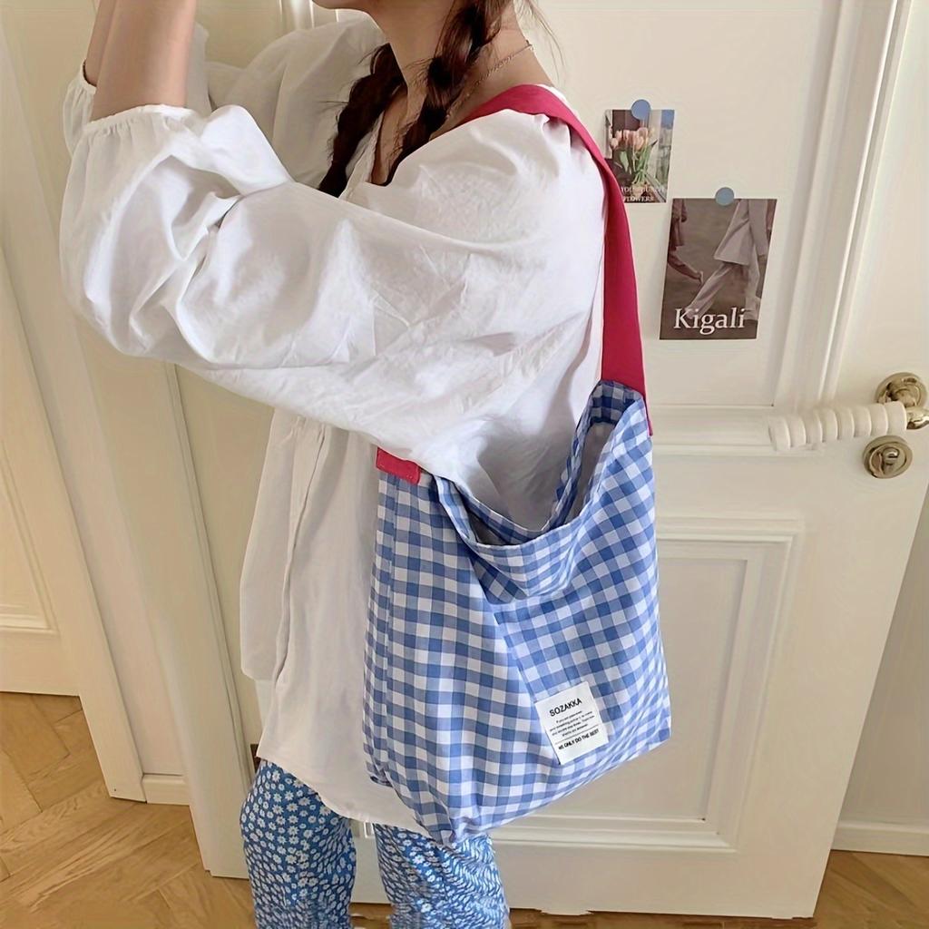Chic Plaid Canvas Tote Bag for Women Large Capacity, Perfect for Beach, Travel & Shopping