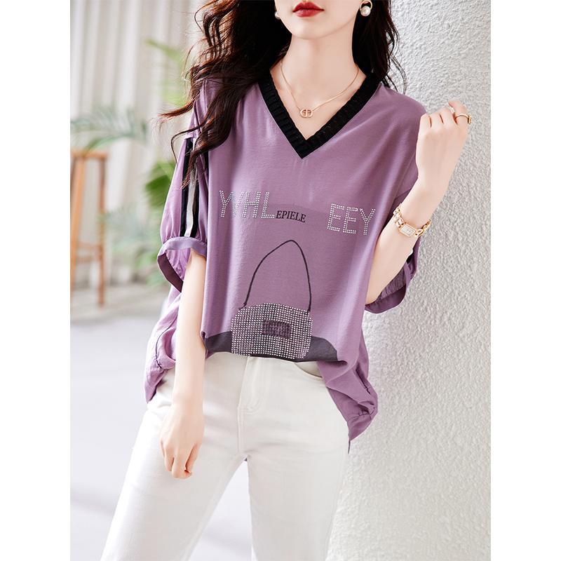 Fashionable Hot Diamond V-neck Loose and Fashionable Mid-length Casual Versatile Short Sleeve Elegant Versatile Top for Women