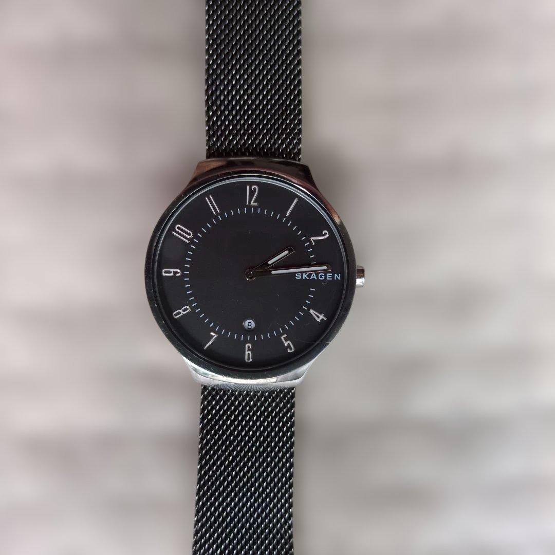Used SKAGEN Watch Quartz Black Mesh Belt Battery Replaced (R8.7)