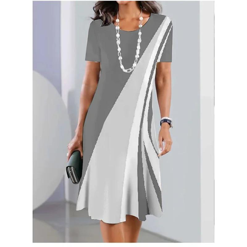 Street Casual Summer Women Dress Plus Size Stripe Splicing Print Short Sleeve Loose A-Line Dress