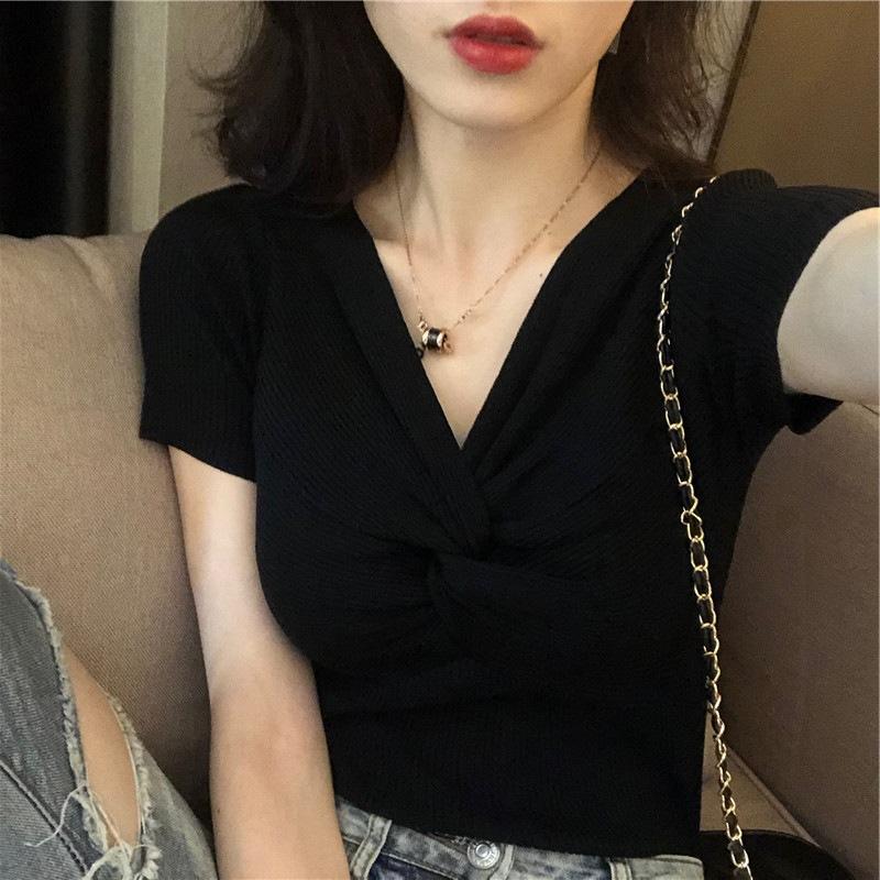 

Модная ретро свободная тонкая сетчатая красная однотонная футболка с V-образным вырезом и короткими рукавами, с перекрестным узлом, тонкий срез, свитер, трикотажные топы, женские летние One Size чёрный