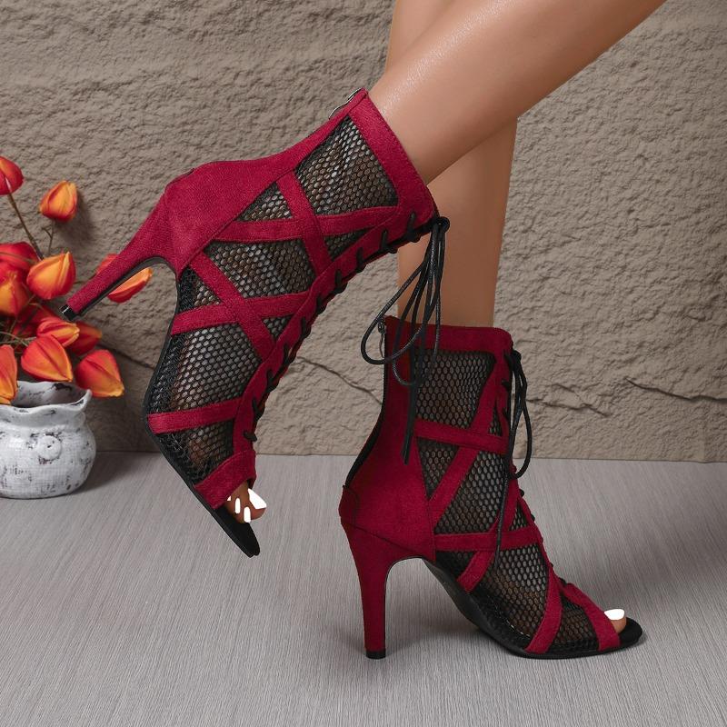 Mesh cool boots women's lace-up hollow boots jazz dance high heels fish mouth sandals dancing shoes large size cool boots women