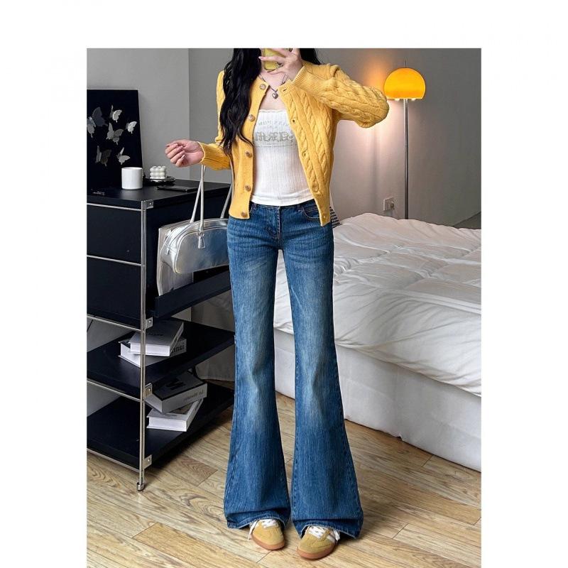 Women's Washed Low-Waist Dark Blue Micro-Flare Jeans - Bamboo Texture, Autumn Versatile, Comfortable Fit