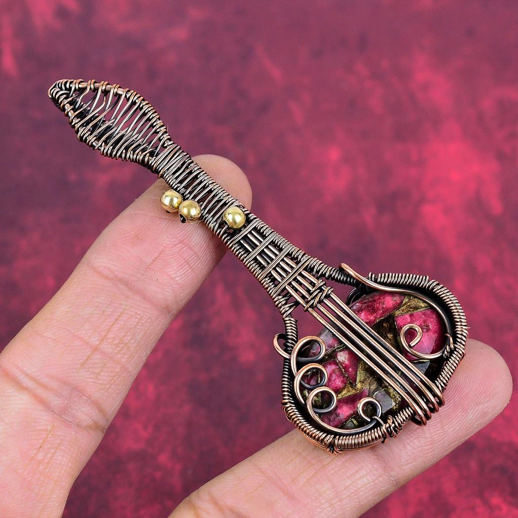 Copper thulite pendant copper wire wrapped pendant guitar gemstone pendant handmade pendant copper wire wrapped jewelry anniversary gifts