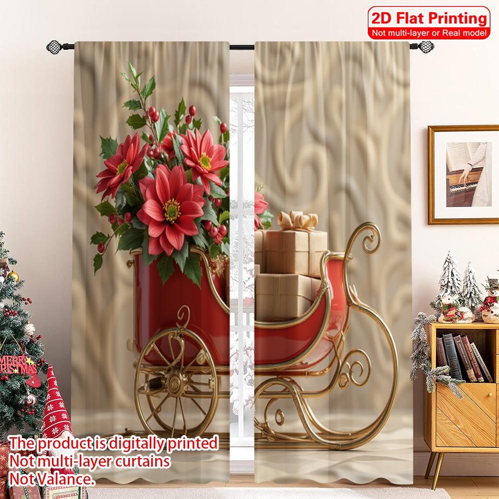 

2pcs 2D flat printing Merry Christmas Popular Party Window Curtains Christmas Sleigh Gifts Poinsettias Fabric Without 52.50×116.00 CM 2pcs