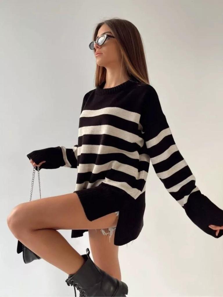 Women's Knitted Sweater - Autumn/Winter New Arrival European-Style Striped Oversized Neck Pullover Cardigan