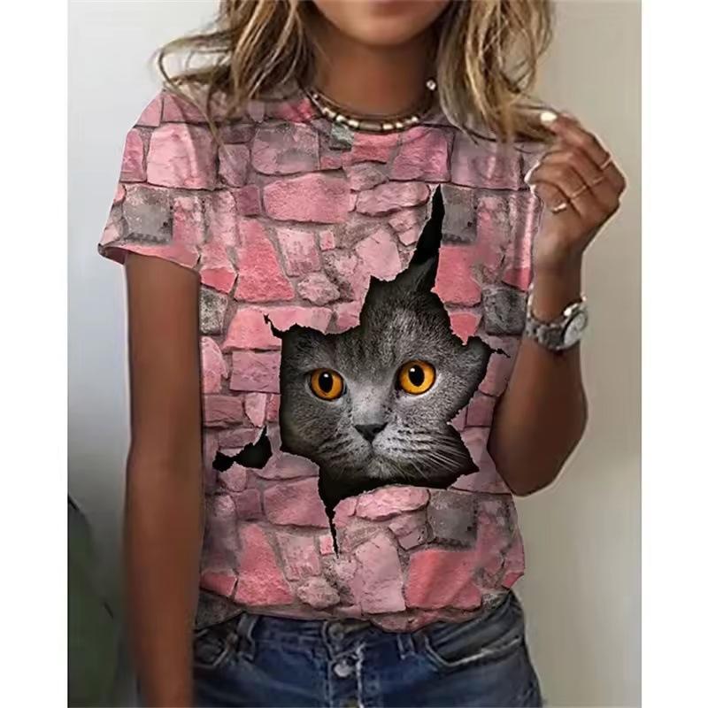 Women's T-shirt 3D Printed Casual Short Sleeved Cute Kitten Pattern Print O-Neck Top Fashionable Street Women's Clothing