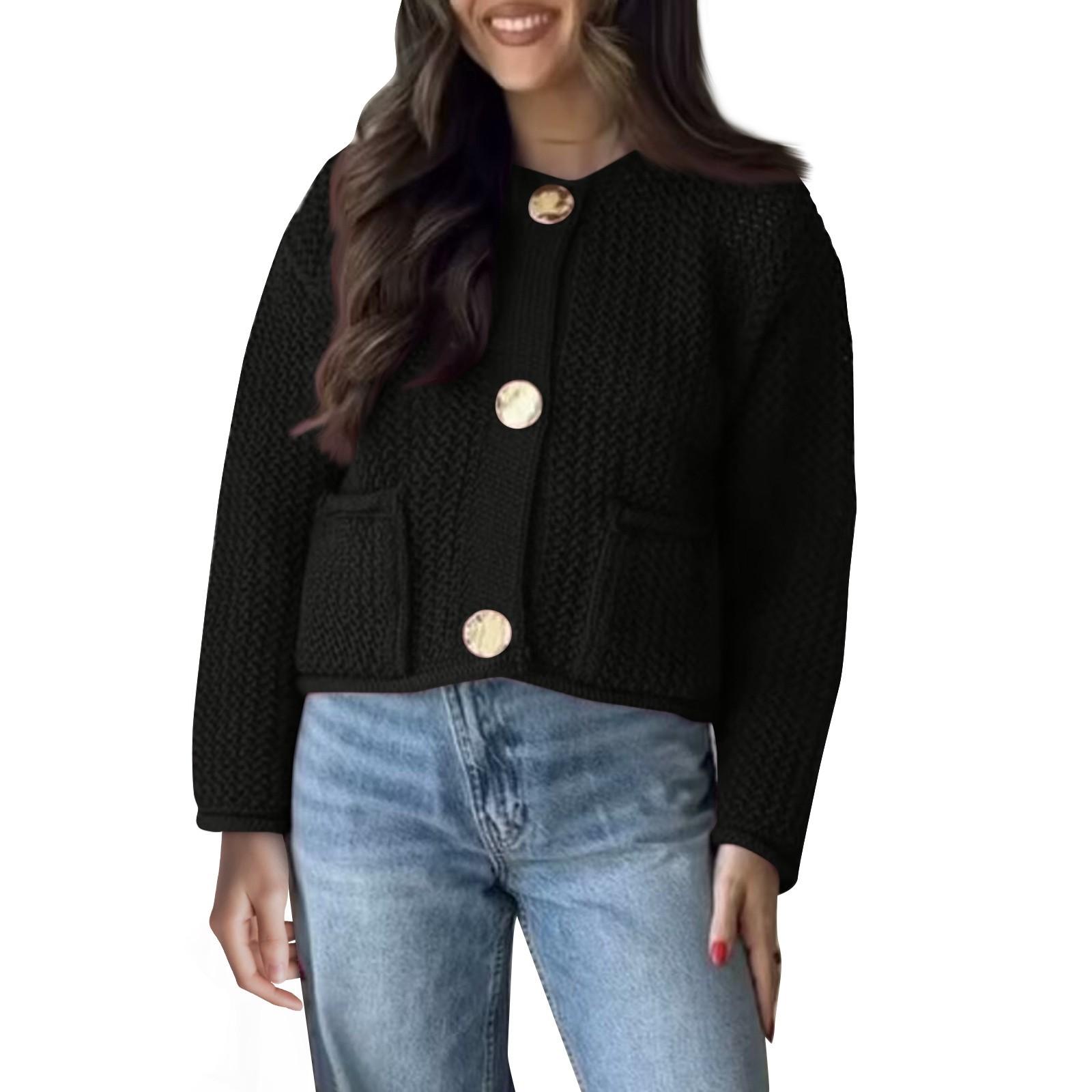 Женская однотонная куртка-свитер с круглым вырезом и длинными рукавами L чёрный 2816₽