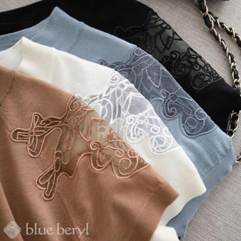 Summer knit top for short lace round cool summer regular slimming adult easy women, sleeves, trim, see-through, neck, thin, knit, fashionable,