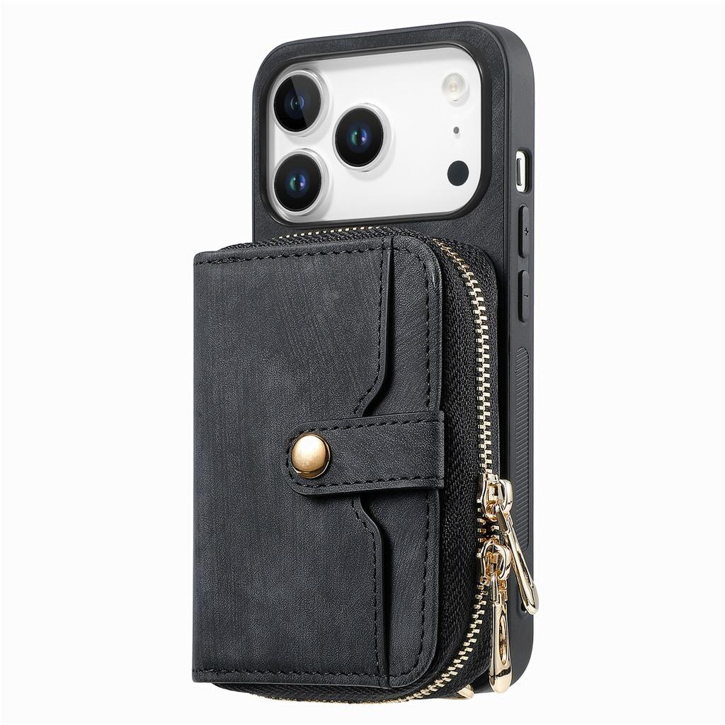 For iPhone 17 Pro Max PU Leather Phone Back Cover with Zipper Card Holder and Long Strap