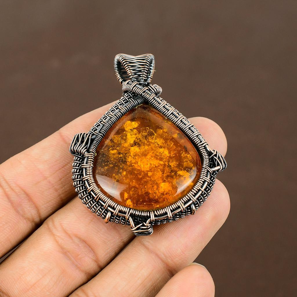 Natural Baltic Amber Gemstone Handmade Copper Wire Wrap Pendant 2.17" n4f41