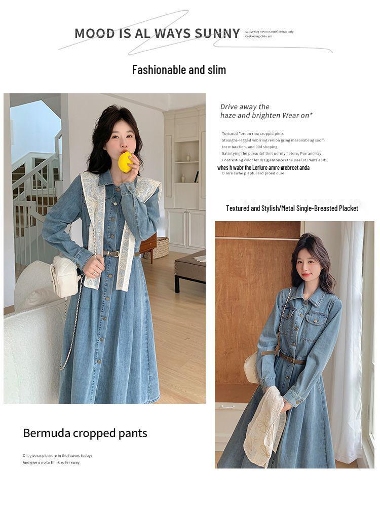 Blue Hong Kong Style Retro Denim Dress - Women's Autumn 2025 Waist-Cinching Shirt Dress, Age-Reducing & Fashionable