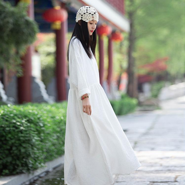 V-Neck Linen Double-Layer Swing Dress - Spring/Summer Retro Style