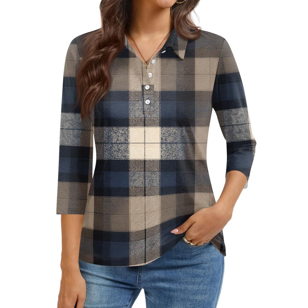 Camicia Casual da Donna con Collo a Revers, Manica Corta 3/4, Stampa, Top da Donna con Bottoni