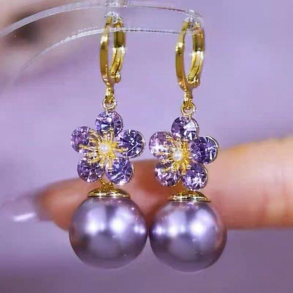 Fashion Trend Purple Crystal Zircon Flower Drop Earrings for Women Light Luxury Geometric Shiny Earring Party Wedding Zircon